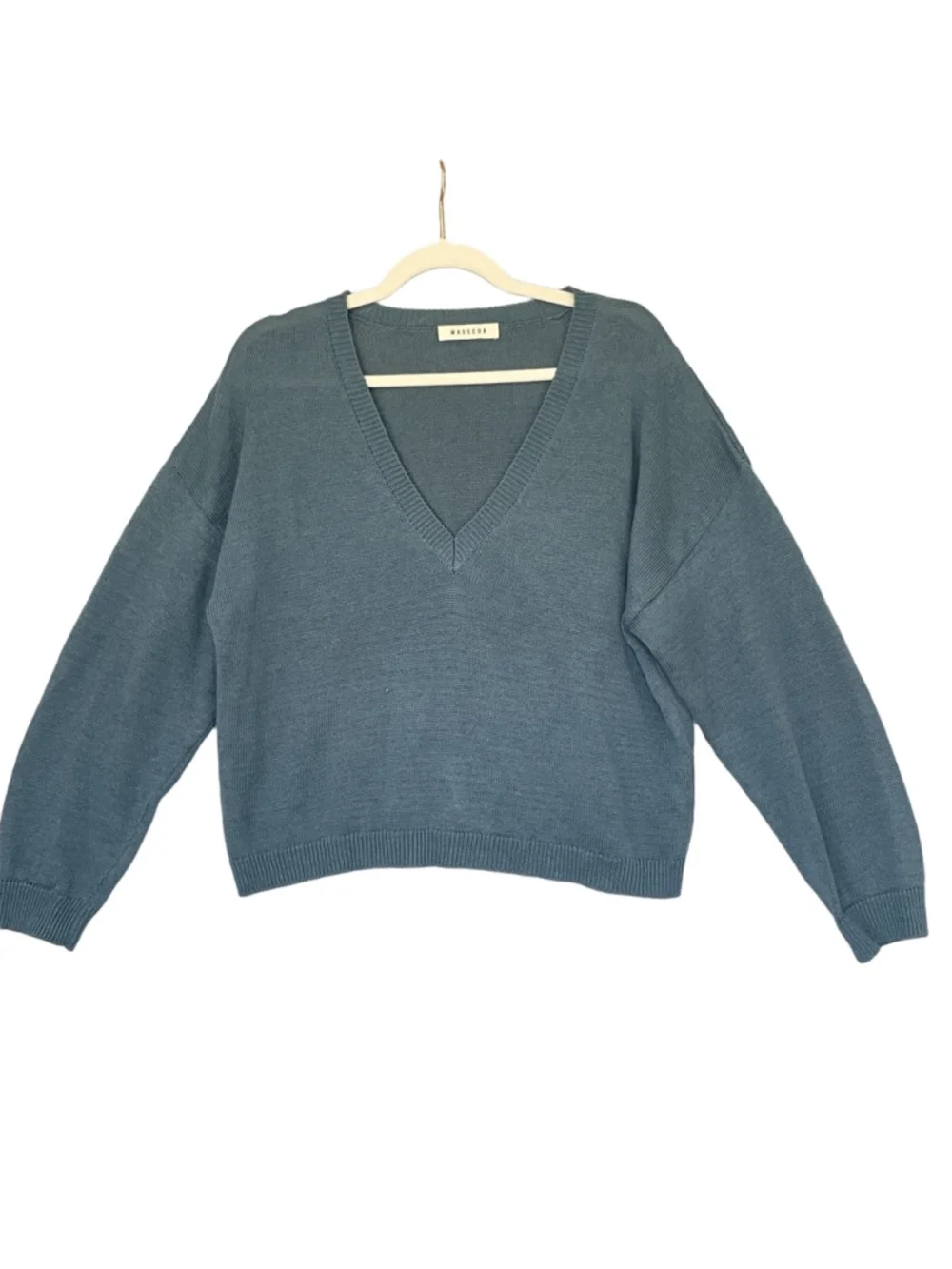 Masscob Linen Cotton V Neck Sweater M Blue Oversized Crop - Picture 2 of 11